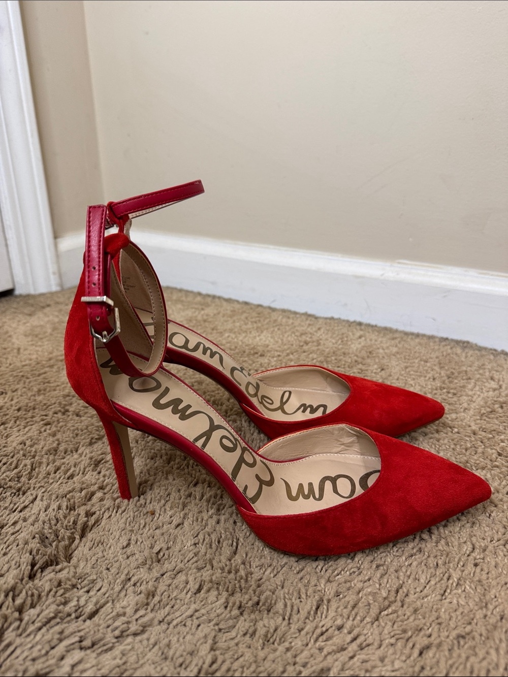 Sam Edelman Harlow Red Suede Pointed-Toe Ankle-Strap Heels size 8 Party Events